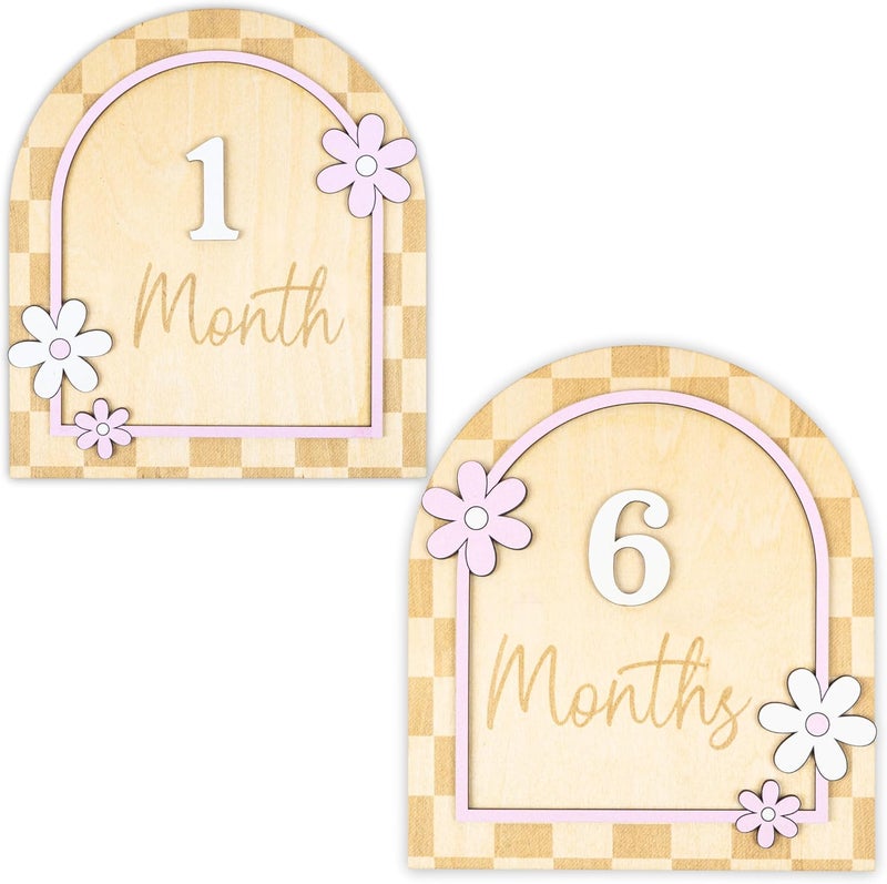 HONOCOOLS Store Daisy Flower Baby Monthly Milestone Cards - Wooden Monthly Milestone Double Sign - Newborn Photography Props to Document Your Baby´s Growth - Baby Announcement Sign (B10) - Image 1